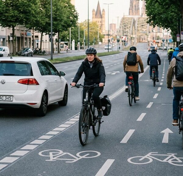 Radfahrende auf einem breiten Radweg in einer deutschen Innenstadt, ein Auto überholt mit Abstand