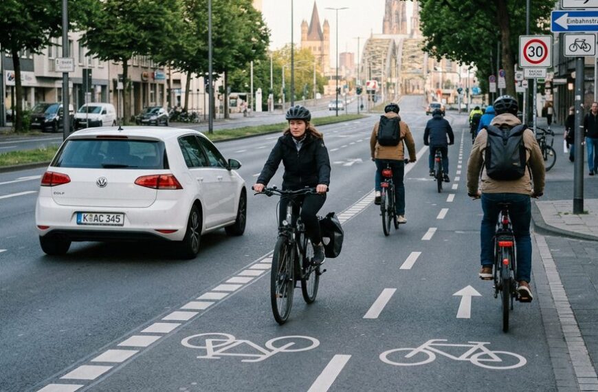 Radfahrende auf einem breiten Radweg in einer deutschen Innenstadt, ein Auto überholt mit Abstand