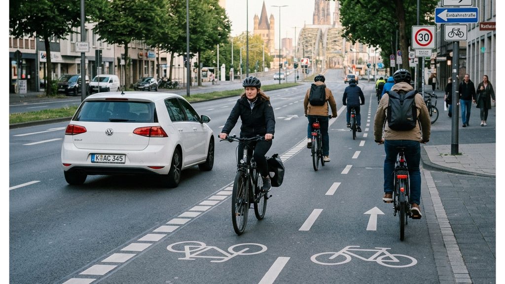 Radfahrende auf einem breiten Radweg in einer deutschen Innenstadt, ein Auto überholt mit Abstand