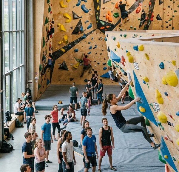 Kletternde in einer modernen Boulderhalle mit bunten Griffen und Volumen