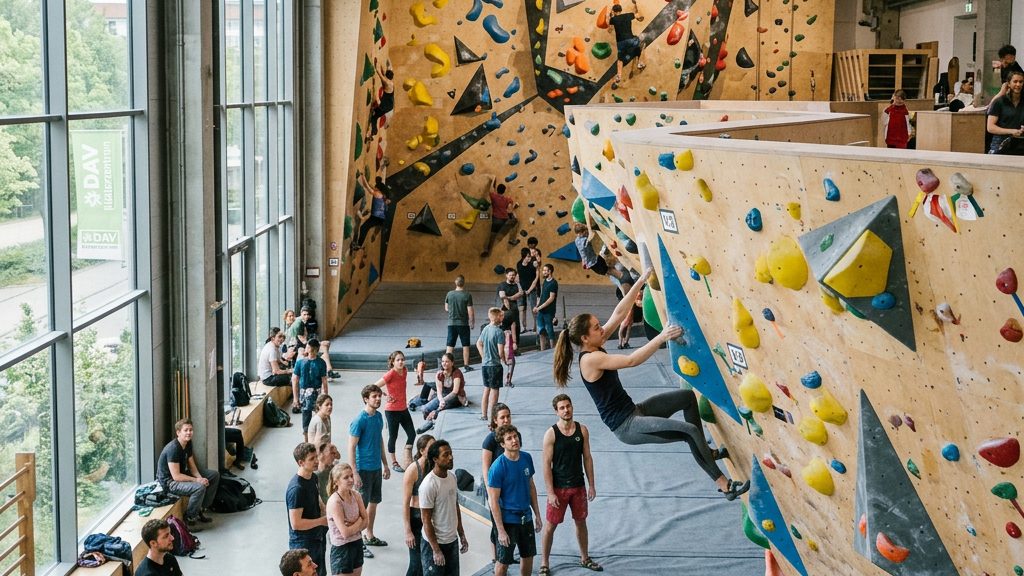 Kletternde in einer modernen Boulderhalle mit bunten Griffen und Volumen