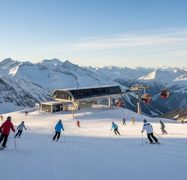 Saisonstart in den Alpen: Erste Skifahrer auf einer frisch präparierten Gletscherpiste vor schneebedeckten Berggipfeln