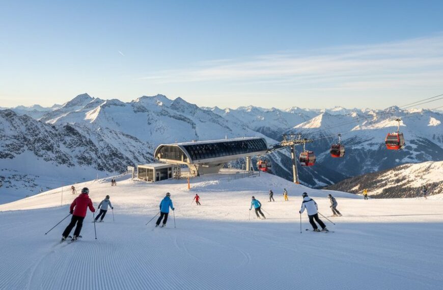 Saisonstart in den Alpen: Erste Skifahrer auf einer frisch präparierten Gletscherpiste vor schneebedeckten Berggipfeln