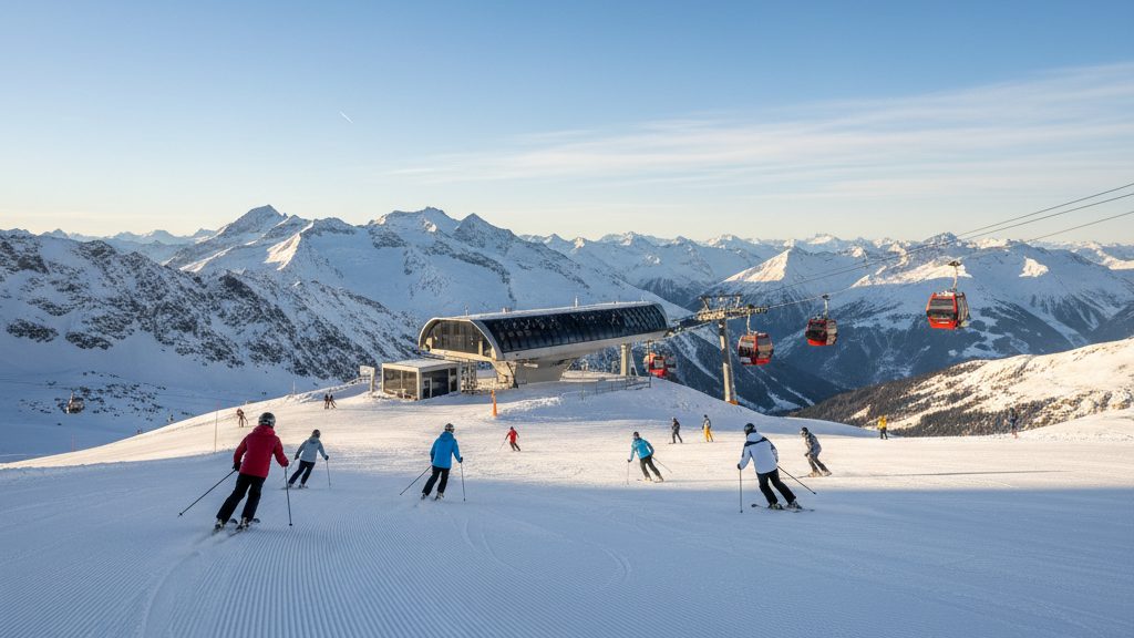 Saisonstart in den Alpen: Erste Skifahrer auf einer frisch präparierten Gletscherpiste vor schneebedeckten Berggipfeln