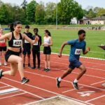 Teilnehmerinnen und Teilnehmer bei der Abnahme des Deutschen Sportabzeichens auf einer Laufbahn