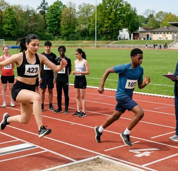 Teilnehmerinnen und Teilnehmer bei der Abnahme des Deutschen Sportabzeichens auf einer Laufbahn
