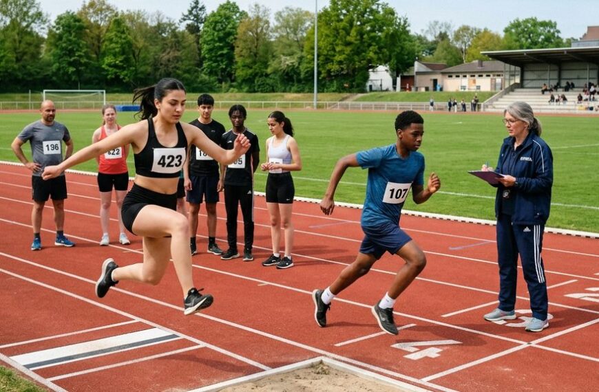 Teilnehmerinnen und Teilnehmer bei der Abnahme des Deutschen Sportabzeichens auf einer Laufbahn