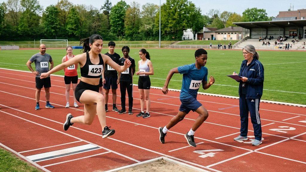 Teilnehmerinnen und Teilnehmer bei der Abnahme des Deutschen Sportabzeichens auf einer Laufbahn