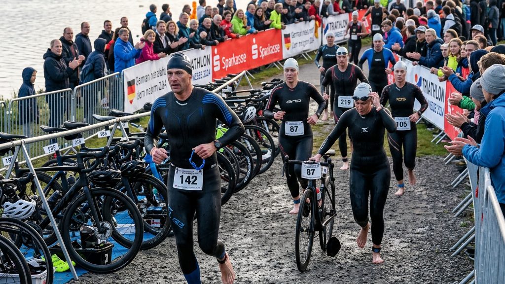 Triathleten in Neoprenanzügen laufen am frühen Morgen zu ihren Rädern in der Wechselzone eines Triathlon-Wettkampfs an einem See in Deutschland.