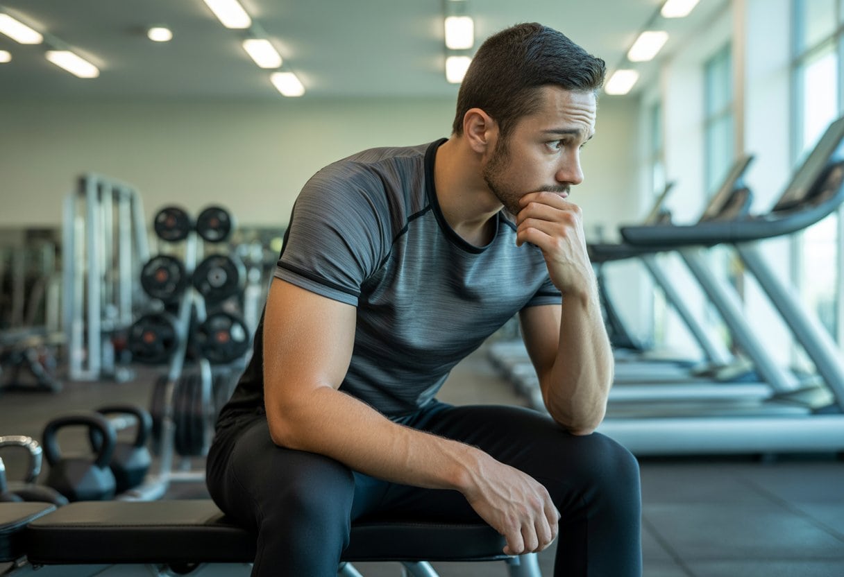 Ein junger Mann in Sportkleidung sitzt nachdenklich auf einer Bank im Fitnessstudio.