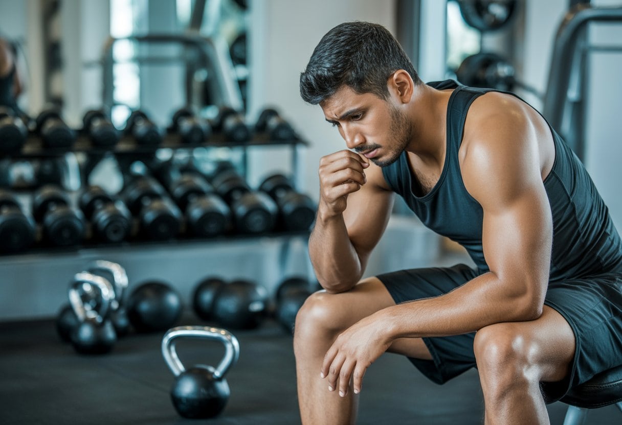 Ein junger Mann in Sportkleidung sitzt nachdenklich und frustriert auf einer Trainingsbank im Fitnessstudio.