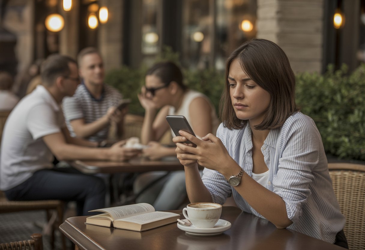 Eine junge Frau sitzt allein in einem Café und schaut nachdenklich auf ihr Smartphone, während um sie herum Menschen ihre Freizeit genießen.