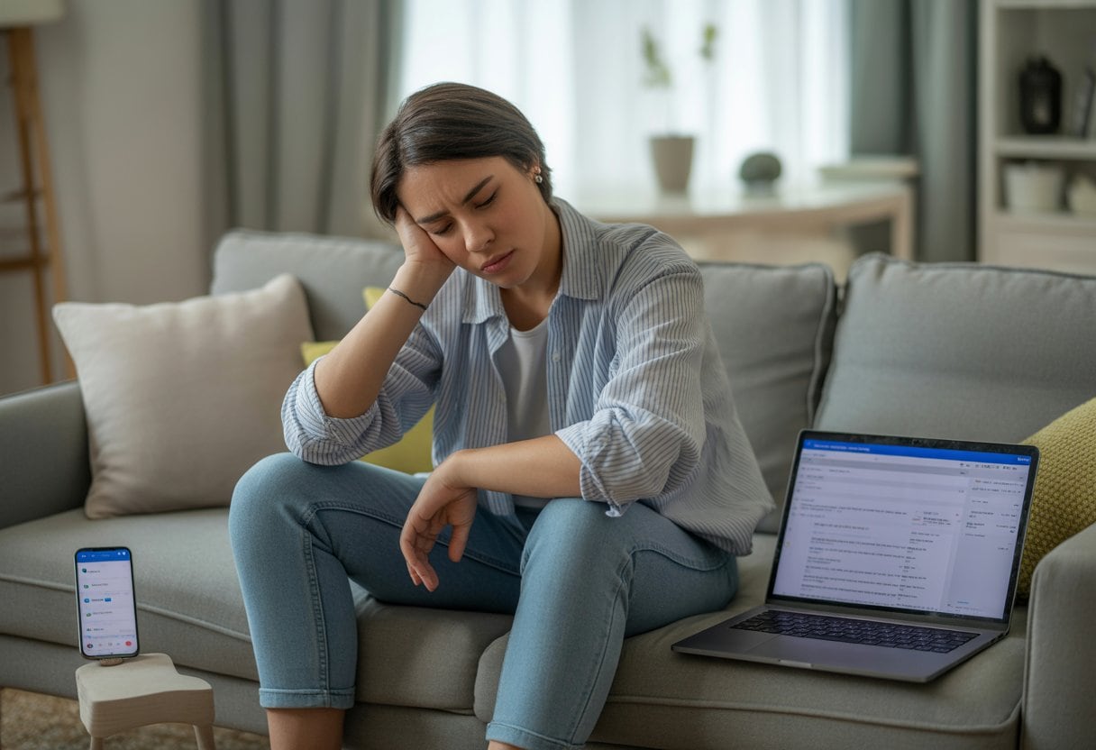 Eine junge Person sitzt müde auf einem Sofa in einem Wohnzimmer, umgeben von einem Smartphone, einem Laptop und einer Uhr.