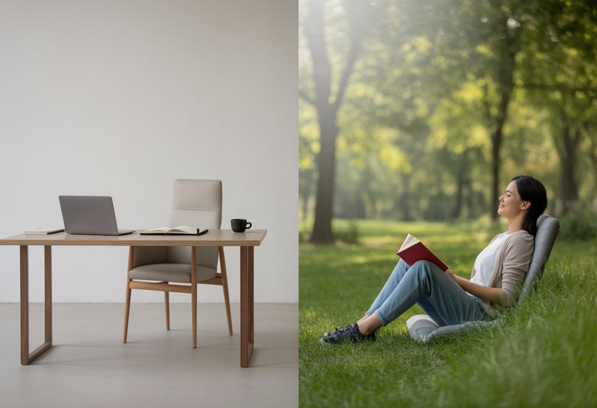 Eine Person sitzt entspannt im Freien in einem Park, während auf einem Tisch im Vordergrund Arbeitsutensilien wie Laptop und Notizbuch liegen.