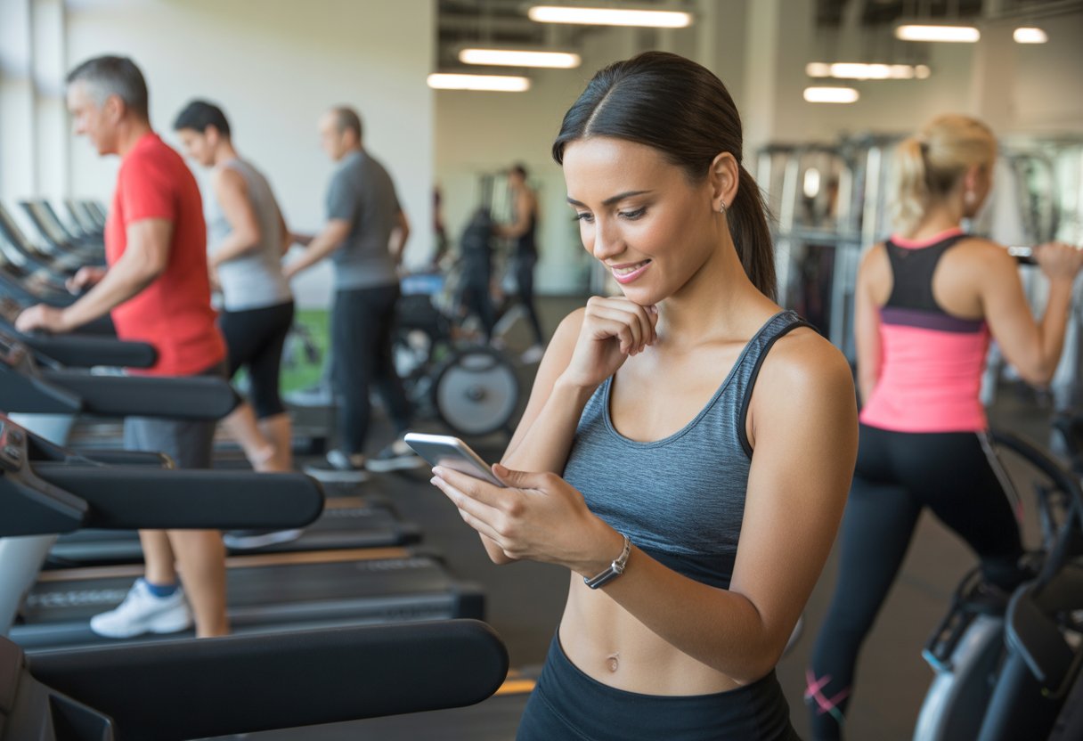 Menschen trainieren in einem modernen Fitnessstudio, eine Frau schaut nachdenklich auf ihr Smartphone.