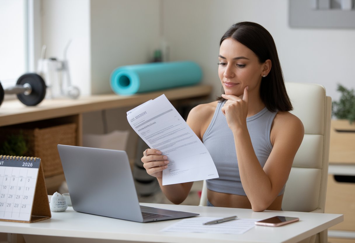 Frau sitzt an einem Schreibtisch und überprüft Unterlagen zur Kündigung eines Fitnessstudio-Abos mit Laptop und Kalender im Hintergrund.