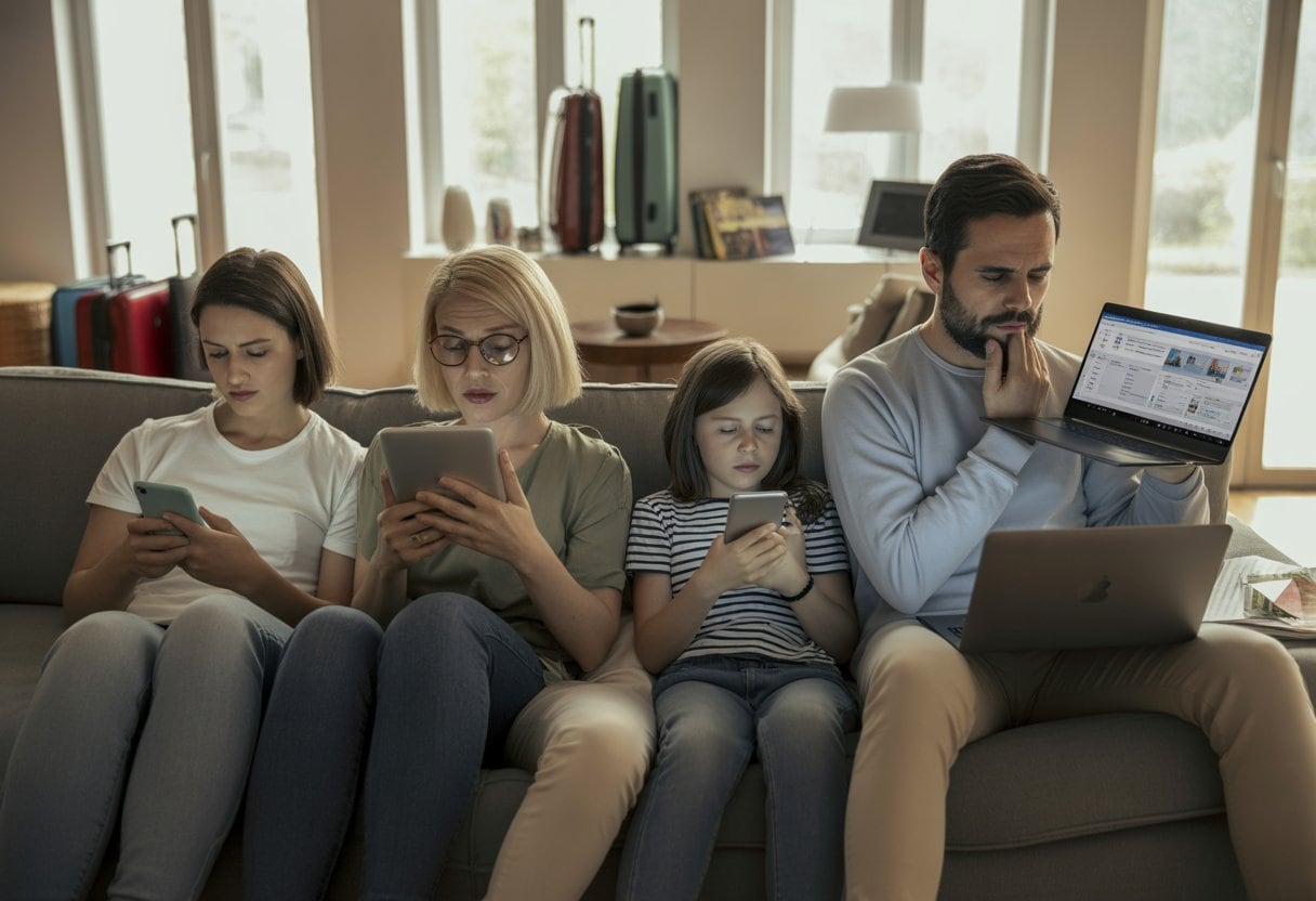 Eine deutsche Familie im Wohnzimmer, die während ihrer Freizeit 2026 mit digitalen Geräten beschäftigt ist und nicht richtig entspannt.
