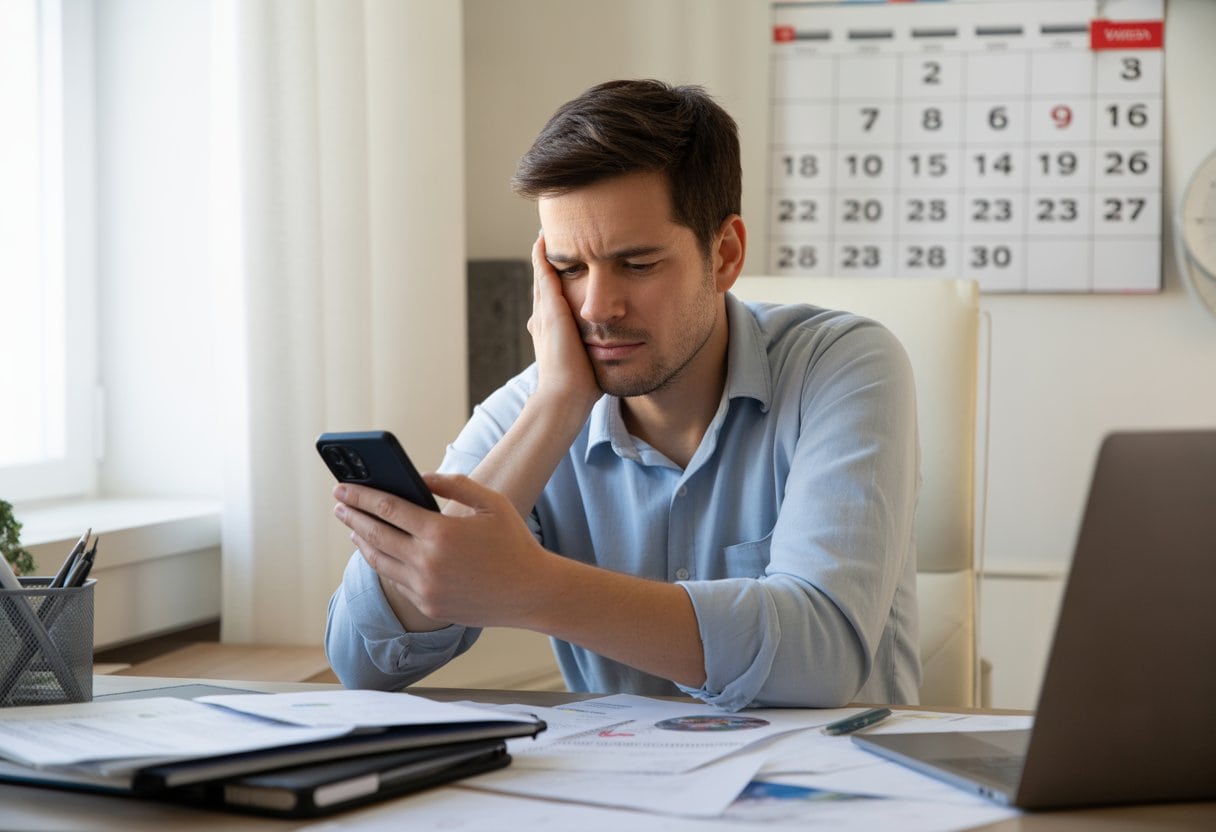 Eine gestresste Person sitzt an einem Schreibtisch mit Laptop und Smartphone, umgeben von Arbeitsunterlagen, in einem hellen Raum mit Kalender im Hintergrund.