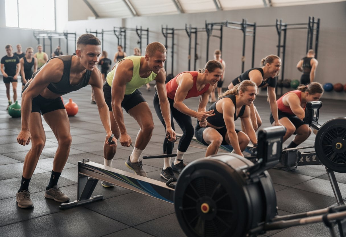 Mehrere Athleten trainieren intensiv in einer großen Sporthalle bei einem Fitnesswettkampf.