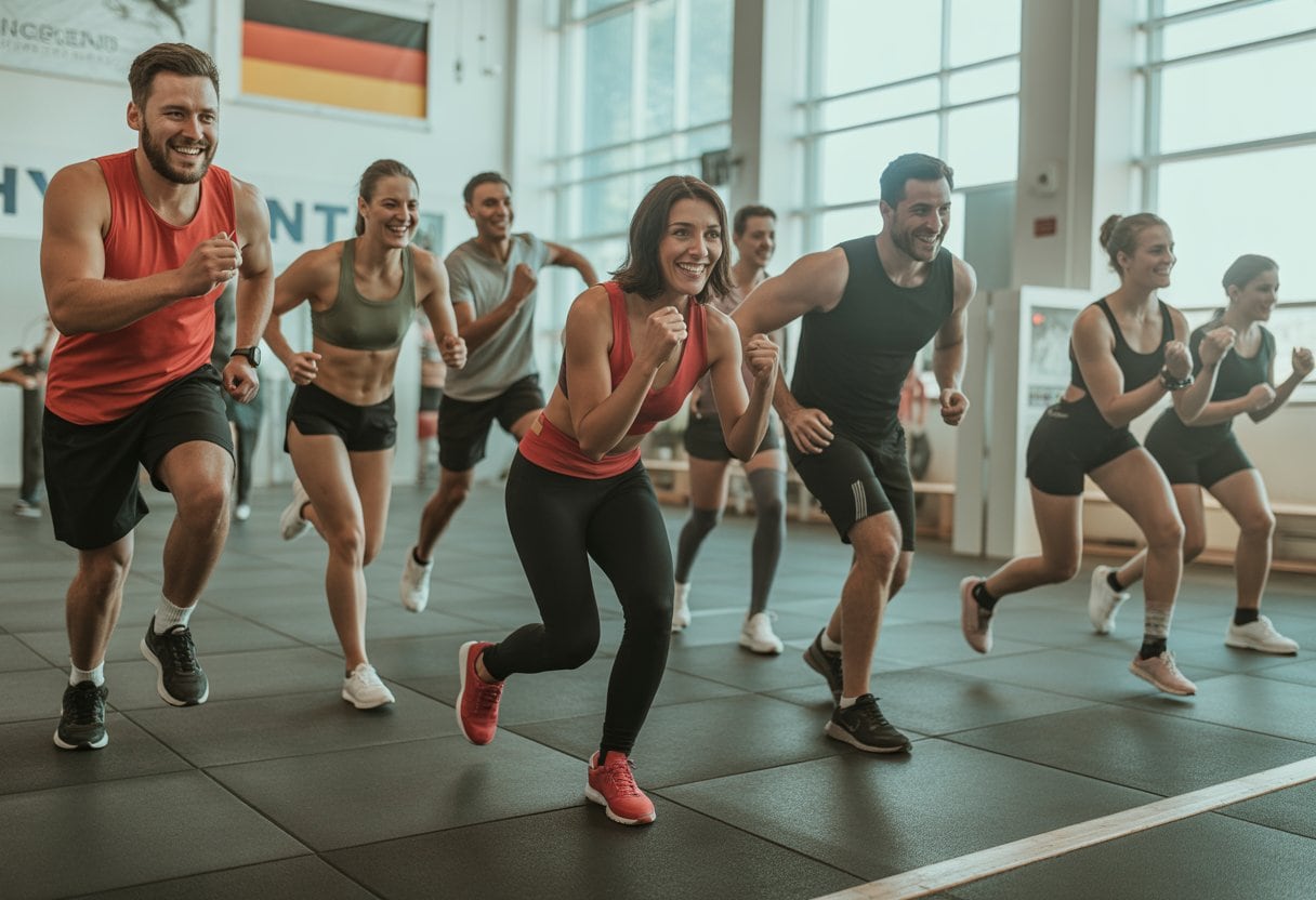 Eine Gruppe von Erwachsenen trainiert gemeinsam bei einer Hyrox-Fitnessveranstaltung in einer modernen Sporthalle in Deutschland.