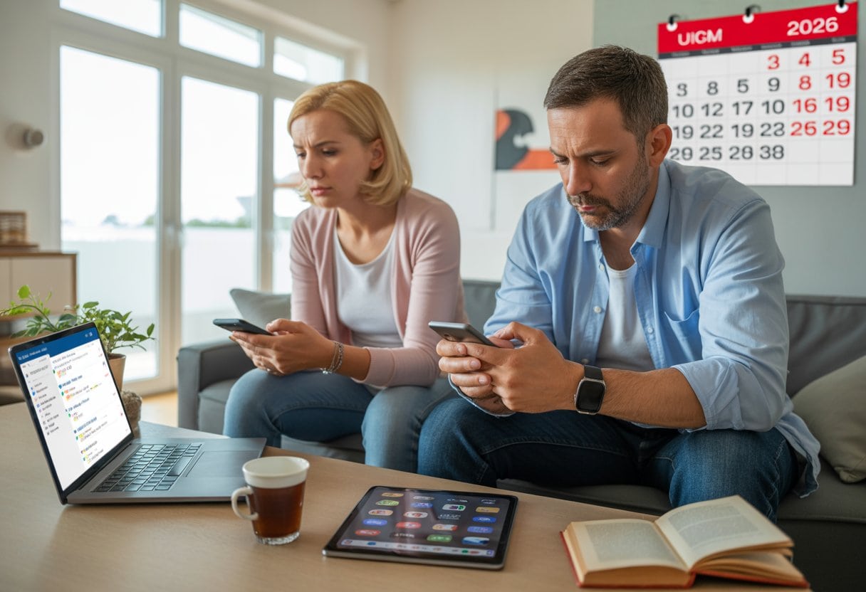 Ein deutsches Paar sitzt im Wohnzimmer, umgeben von digitalen Geräten wie Laptop, Smartphone und Tablet, wirkt gestresst und abgelenkt trotz freier Tage.