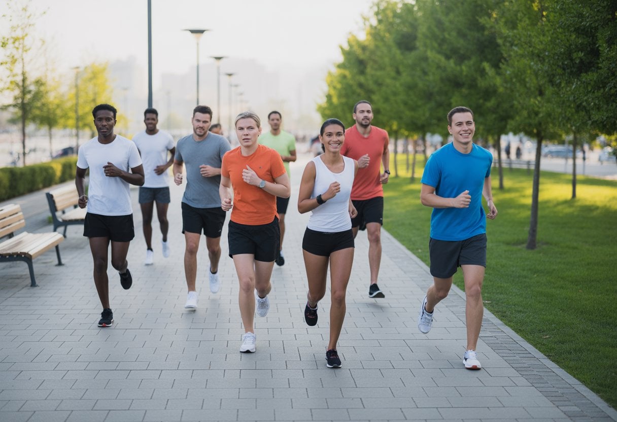 Menschen unterschiedlichen Alters joggen auf einem Weg in einem städtischen Park mit Bäumen und Gras bei Tagesanbruch.