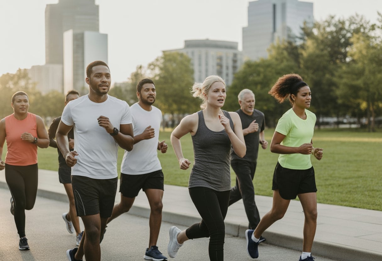 Mehrere Menschen joggen in einem städtischen Park, einige sehen konzentriert aus, andere wirken erschöpft.