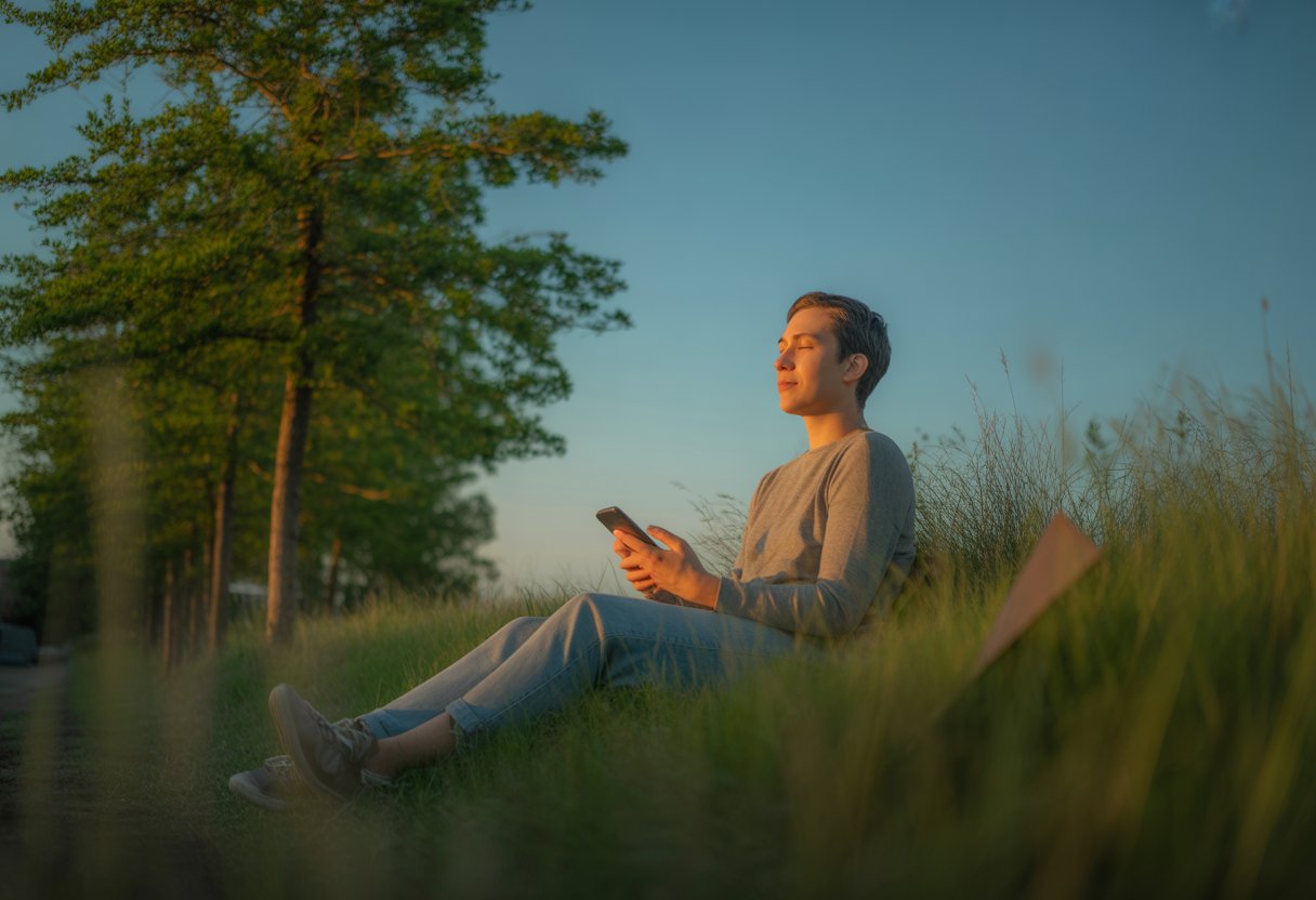Person sitzt entspannt im Freien in der Natur ohne Smartphone, umgeben von Bäumen und Gras, bei warmem Sonnenlicht.