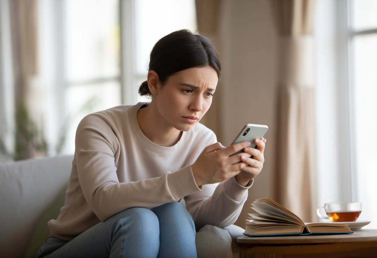 Eine junge Person sitzt in einem Wohnzimmer und hält nachdenklich ein Smartphone in der Hand.