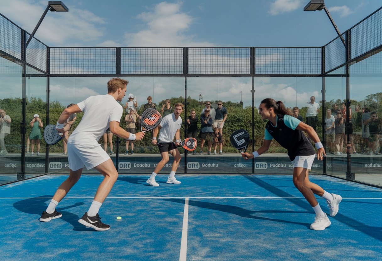 Mehrere Personen spielen lebhaft Padel Tennis auf einem modernen Außenplatz, umgeben von Zuschauern und grüner Landschaft.