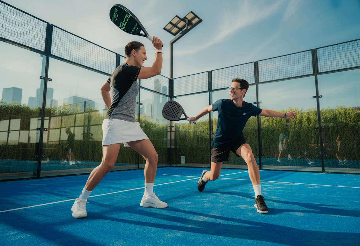 Zwei Menschen spielen Padel Tennis auf einem modernen Außenplatz in Deutschland bei klarem Wetter.