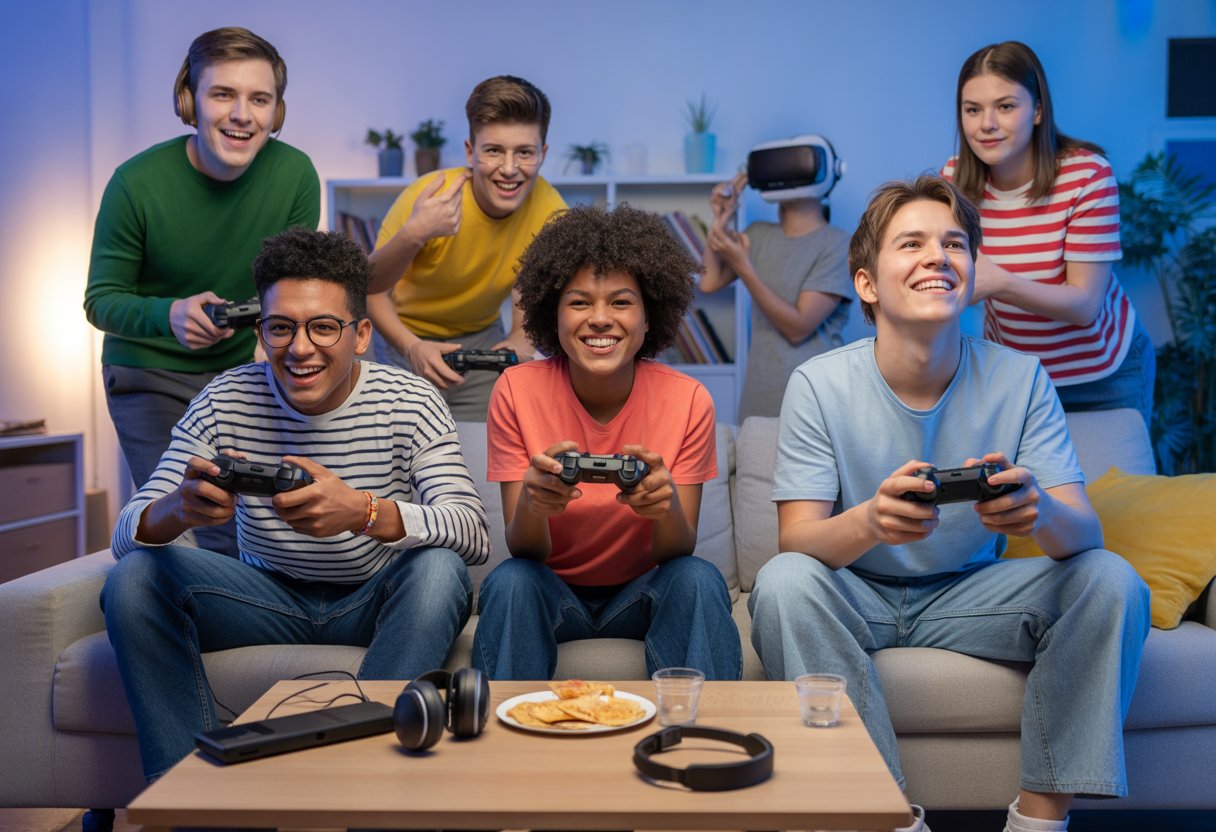 Mehrere junge Menschen spielen gemeinsam Videospiele in einem modernen Wohnzimmer.