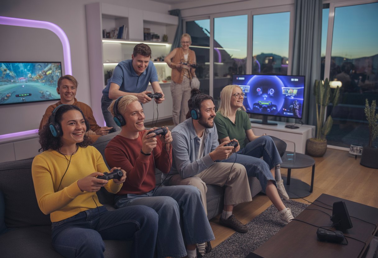 Mehrere Personen spielen in einem modernen Wohnzimmer Videospiele zusammen und haben dabei Spaß.