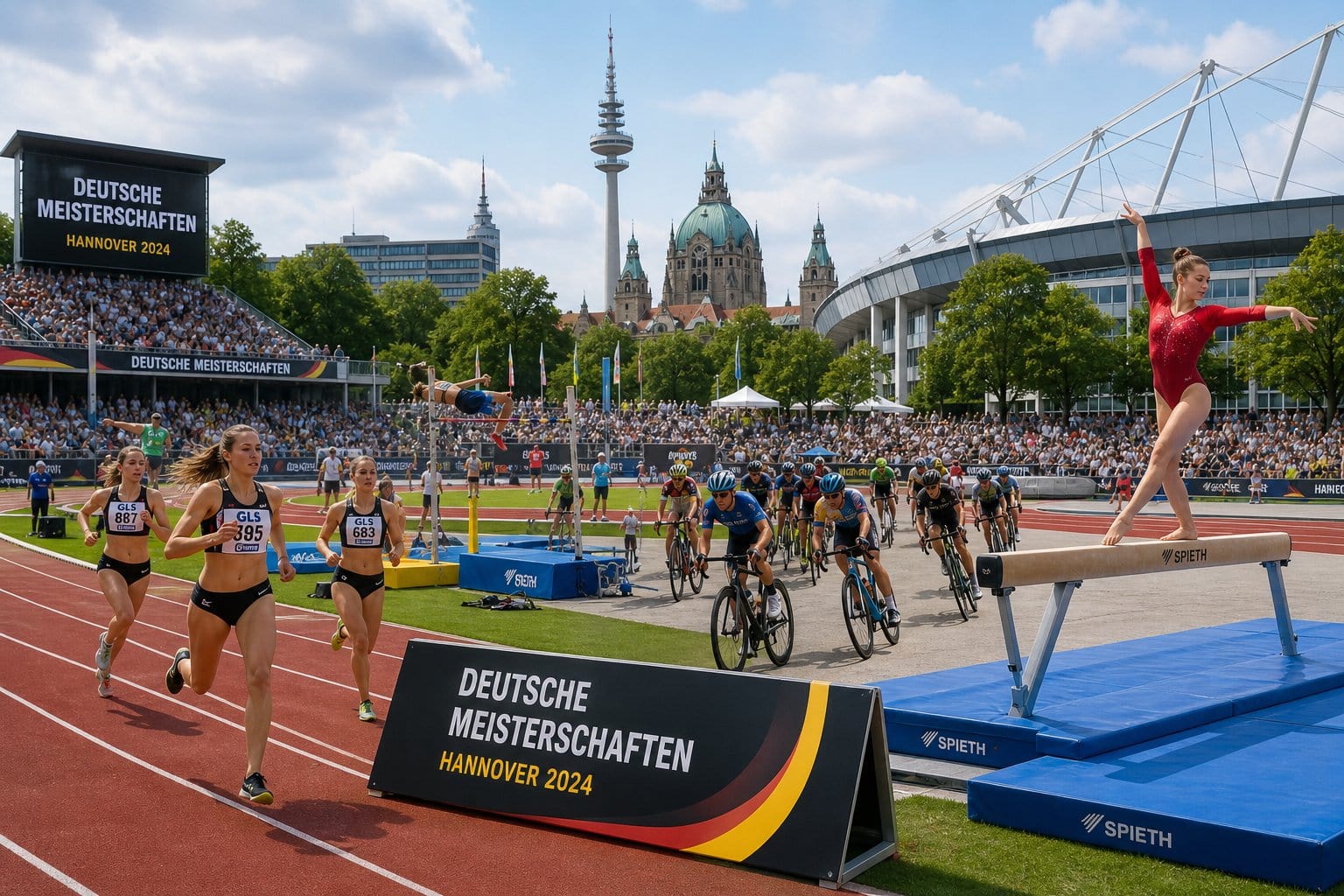 Verschiedene Athleten treten gleichzeitig in einem großen Sportstadion in Hannover bei einem Wettkampf vor jubelnden Zuschauern an.