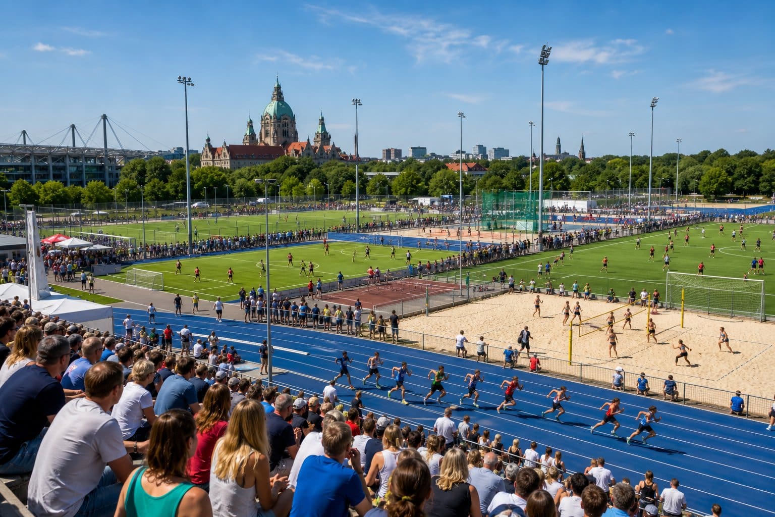 Sportliche Wettbewerbe auf mehreren Spielfeldern mit Athleten und Zuschauern bei einer großen Veranstaltung in Hannover.