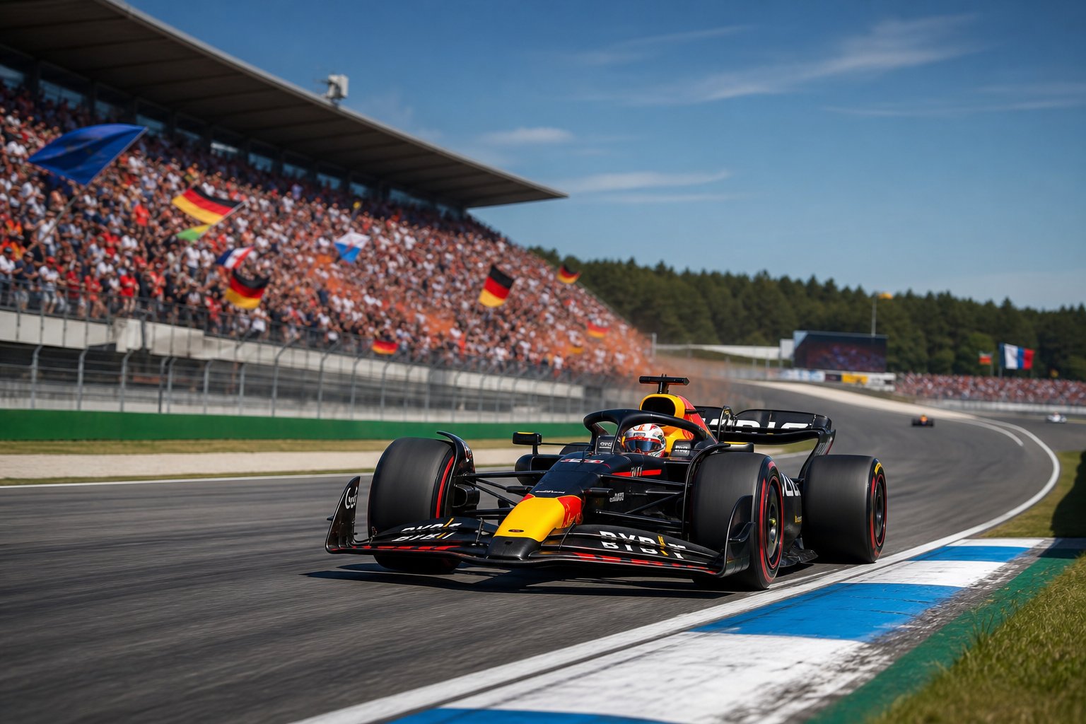 Ein Formel-1-Rennwagen fährt mit hoher Geschwindigkeit auf der Rennstrecke Hockenheimring, umgeben von jubelnden Zuschauern und grünen Wäldern.