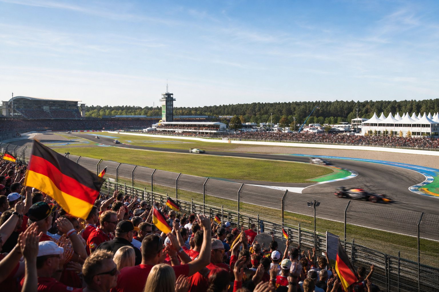 Formel 1-Rennwagen fahren schnell auf der Hockenheimring-Rennstrecke mit jubelnden Zuschauern auf den Tribünen.