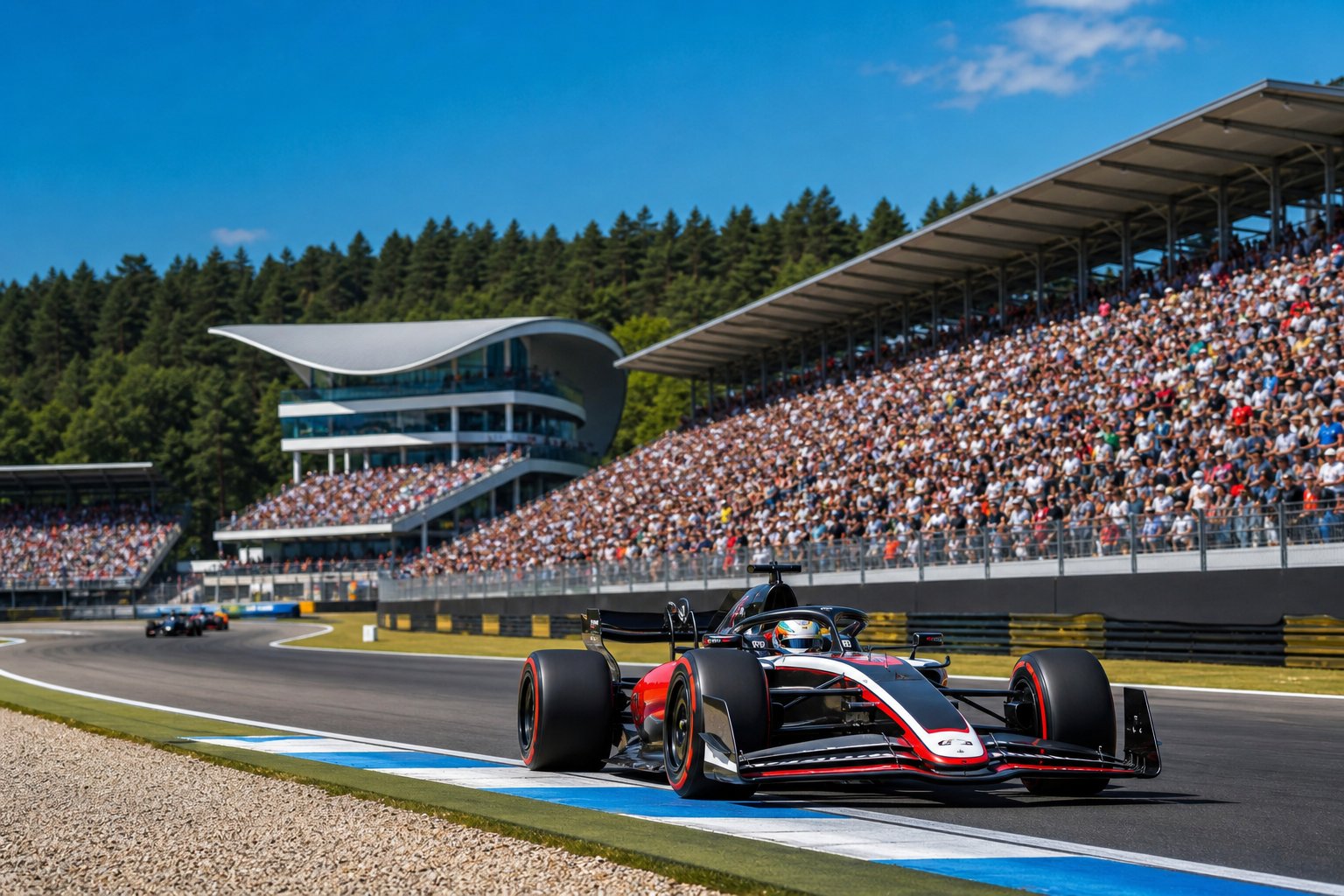 Ein Formel-1-Rennwagen fährt schnell auf der Rennstrecke des Hockenheimrings, umgeben von Zuschauern und Bäumen im Hintergrund.