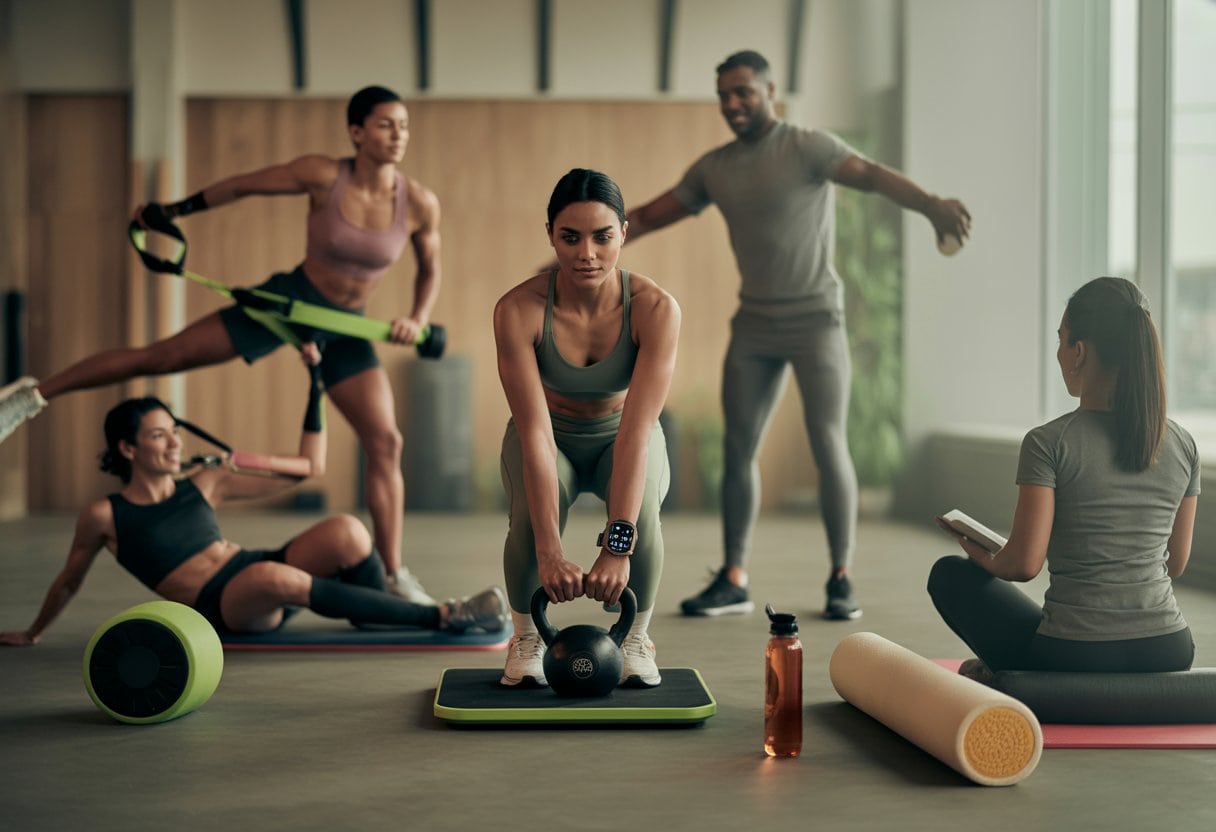 Diverse Sportler trainieren mit Fitnessgeräten und Wearables in einem modernen Studio, während andere Dehnübungen und Regeneration durchführen.