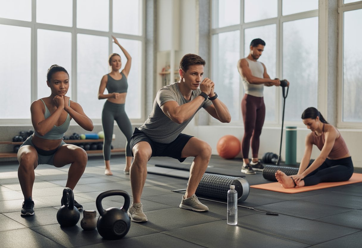 Eine diverse Gruppe trainiert in einem modernen Fitnessstudio mit Wearables, funktionellen Übungen und Erholungselementen.