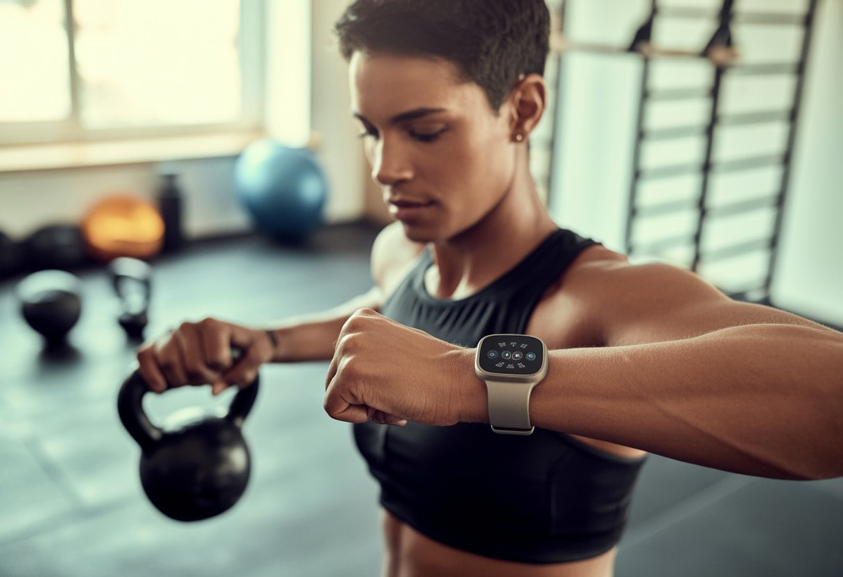 Eine sportliche Person trainiert mit einer Smartwatch am Handgelenk in einem modernen Fitnessstudio.