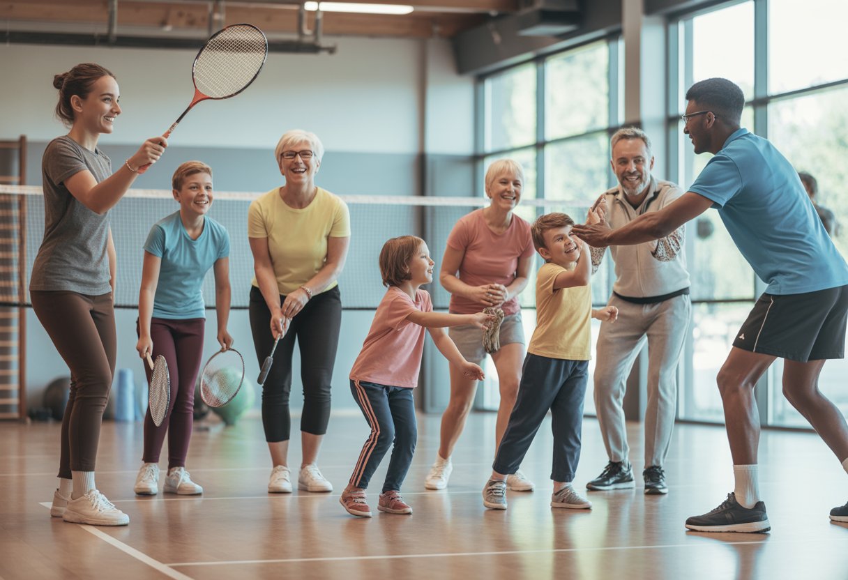 Eine vielfältige Gruppe Menschen unterschiedlichen Alters treibt gemeinsam in einer modernen Sporthalle Sport.