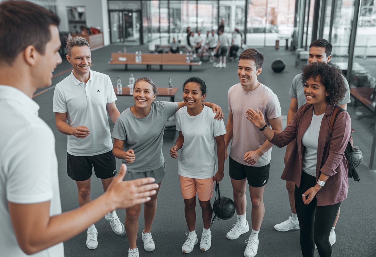 Eine vielfältige Gruppe nimmt an einem offenen Sporttraining teil, während ein Trainer einen neuen Teilnehmer willkommen heißt.