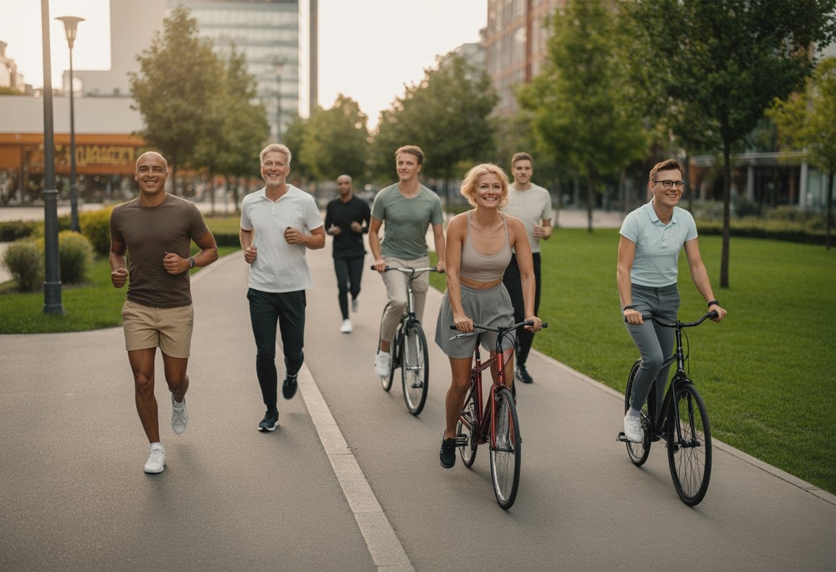 Mehrere Erwachsene bewegen sich nach Feierabend in einem grünen Stadtpark, darunter beim Joggen, Radfahren, Spazierengehen und Dehnen.