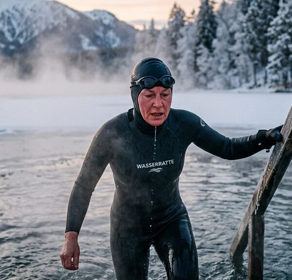 Winterschwimmer in Neopren-Kappe und Schwimmbrille steigt in einen eisigen See, Wasserdampf steigt auf, schneebedeckte Bäume im Hintergrund