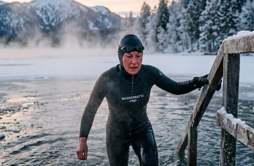 Winterschwimmer in Neopren-Kappe und Schwimmbrille steigt in einen eisigen See, Wasserdampf steigt auf, schneebedeckte Bäume im Hintergrund