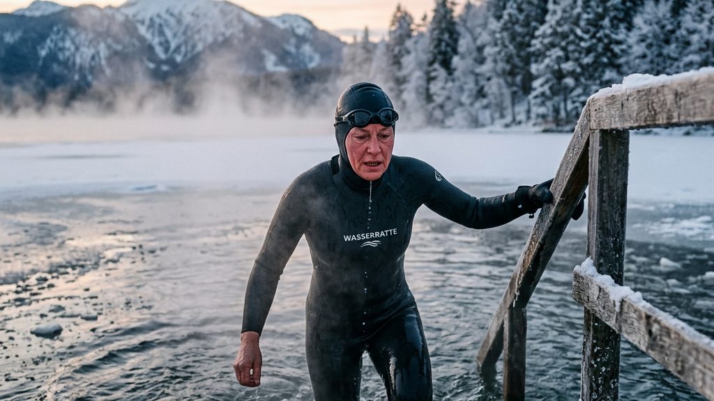 Winterschwimmer in Neopren-Kappe und Schwimmbrille steigt in einen eisigen See, Wasserdampf steigt auf, schneebedeckte Bäume im Hintergrund